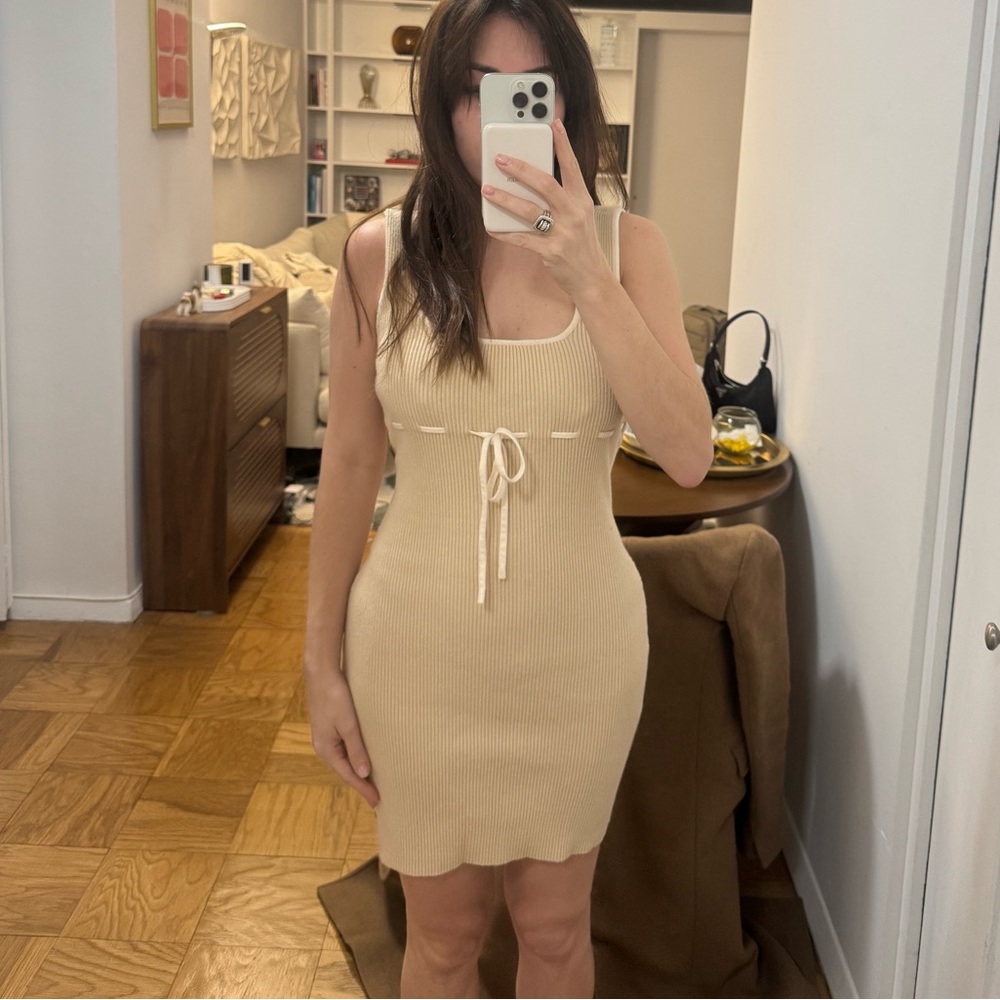 Cream Ribbed Knit Dress with Bow Detail